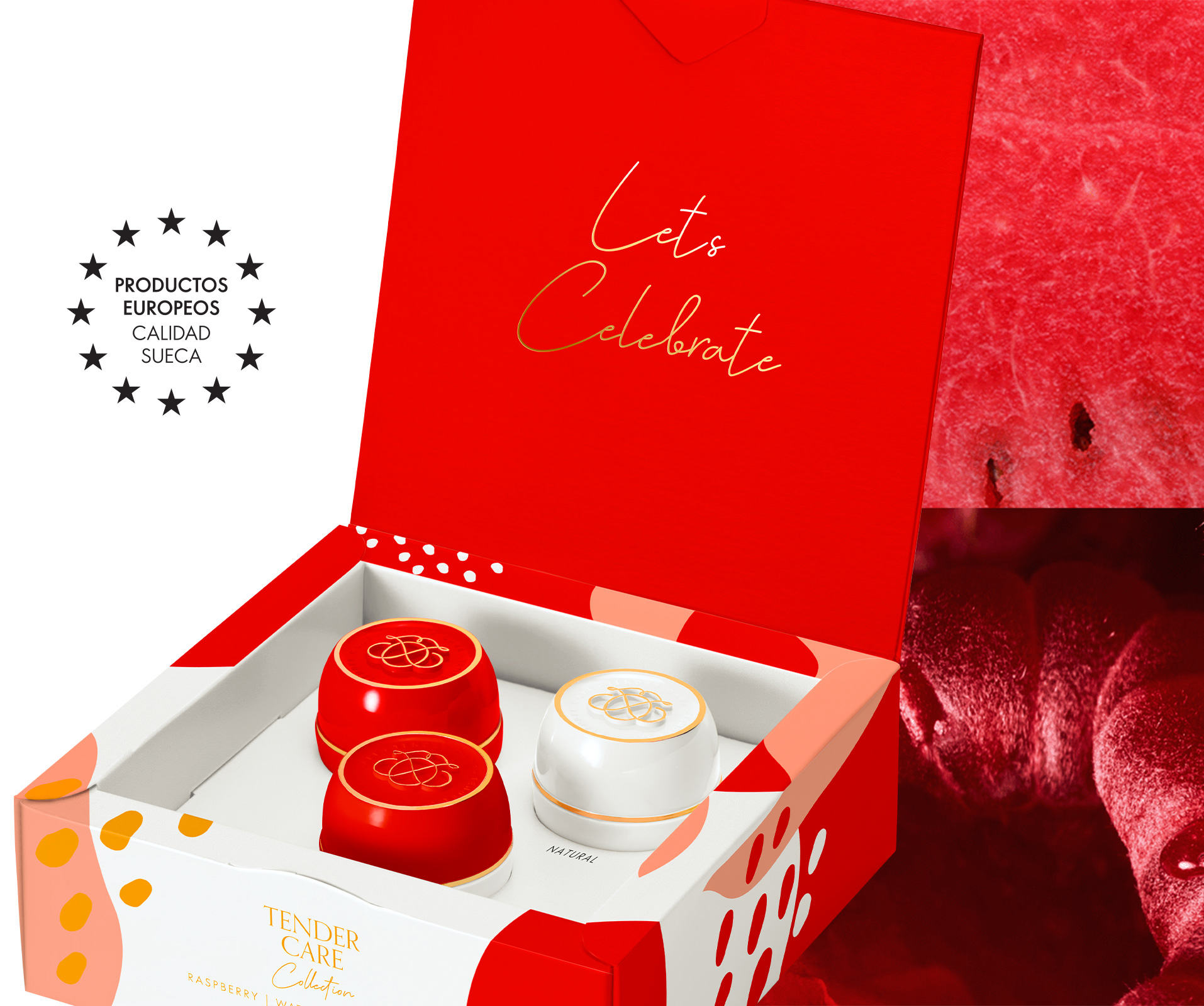 una caja con envases rojos