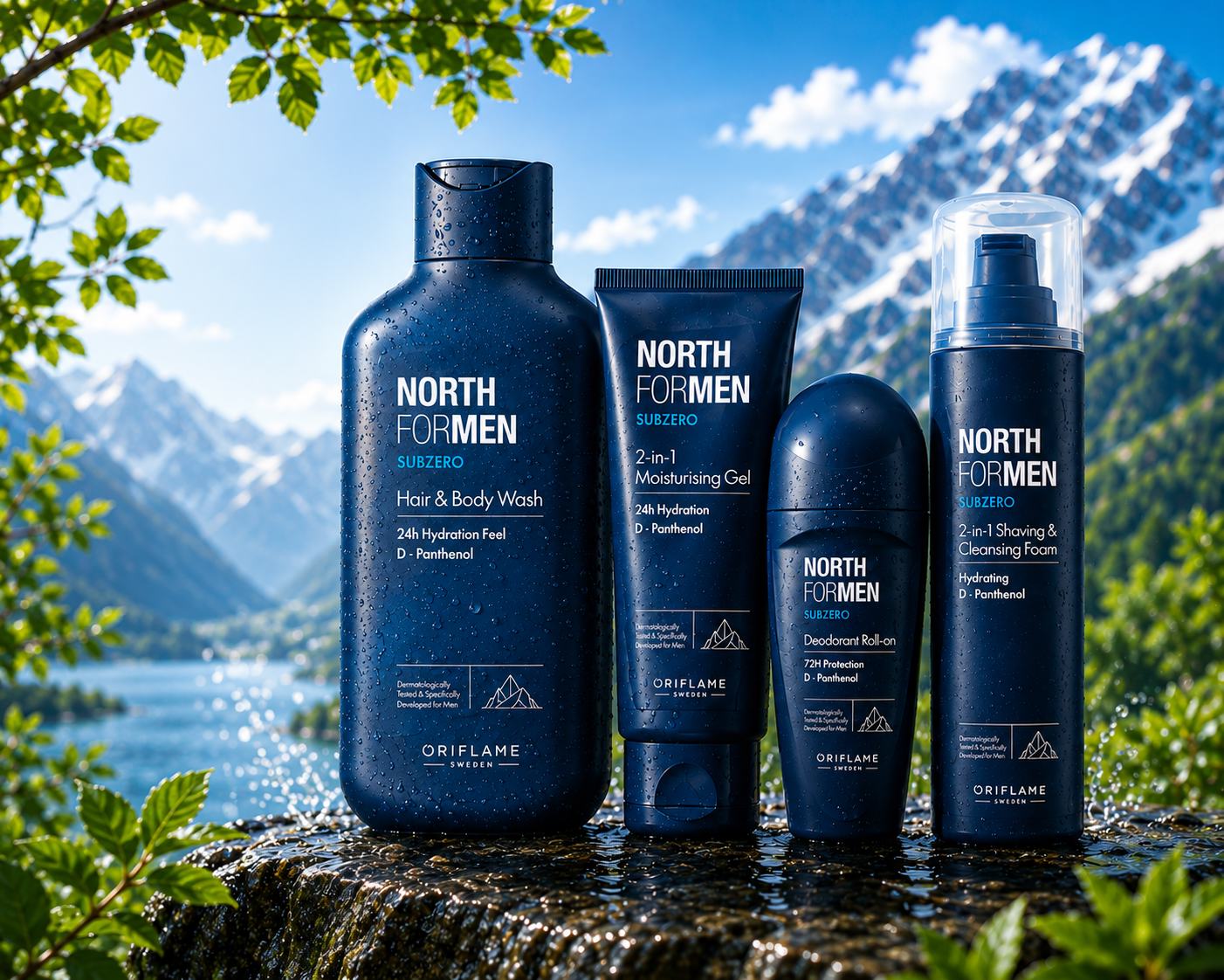 a group of blue bottles with water and mountains in the background