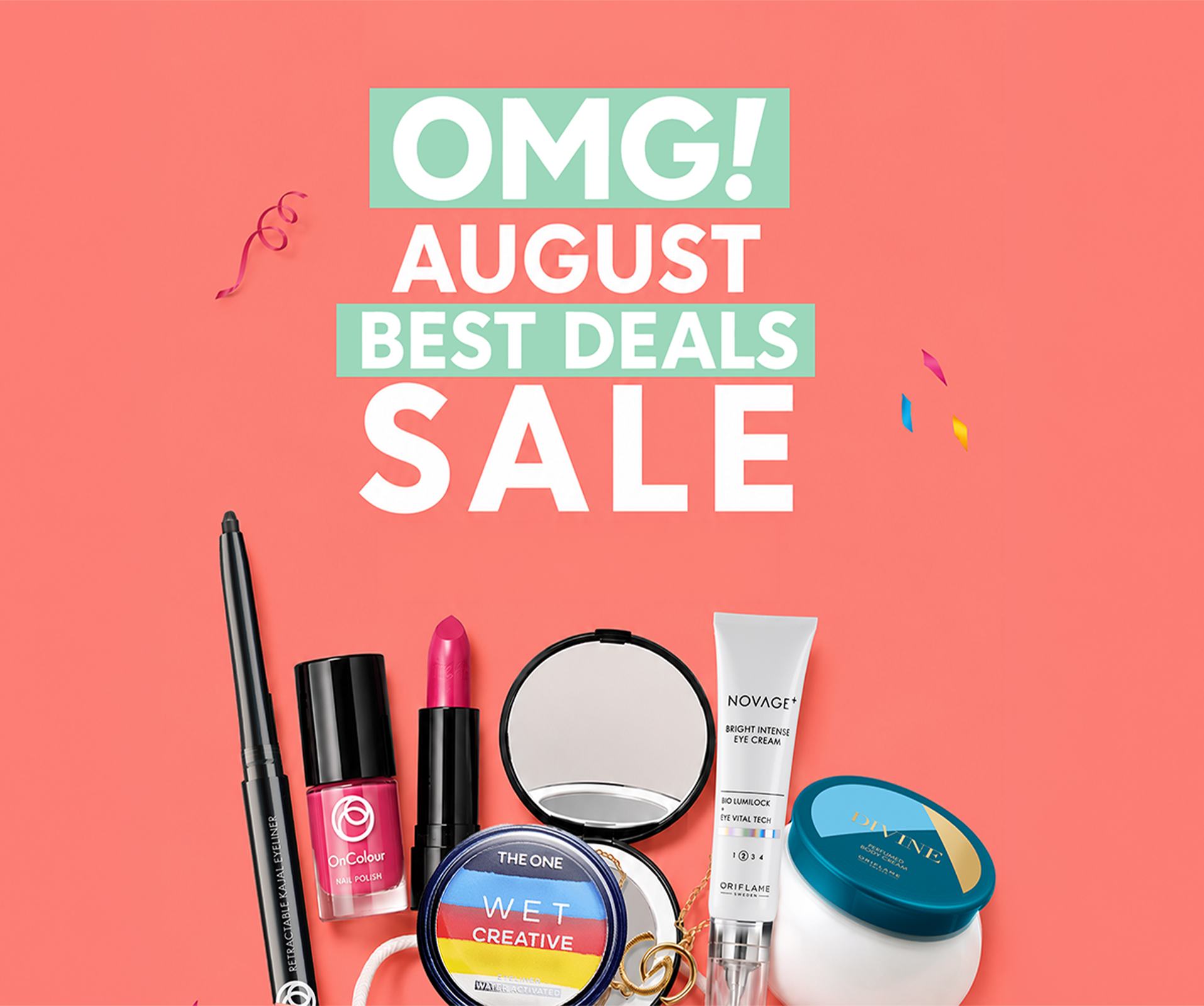 a group of makeup products on a pink background