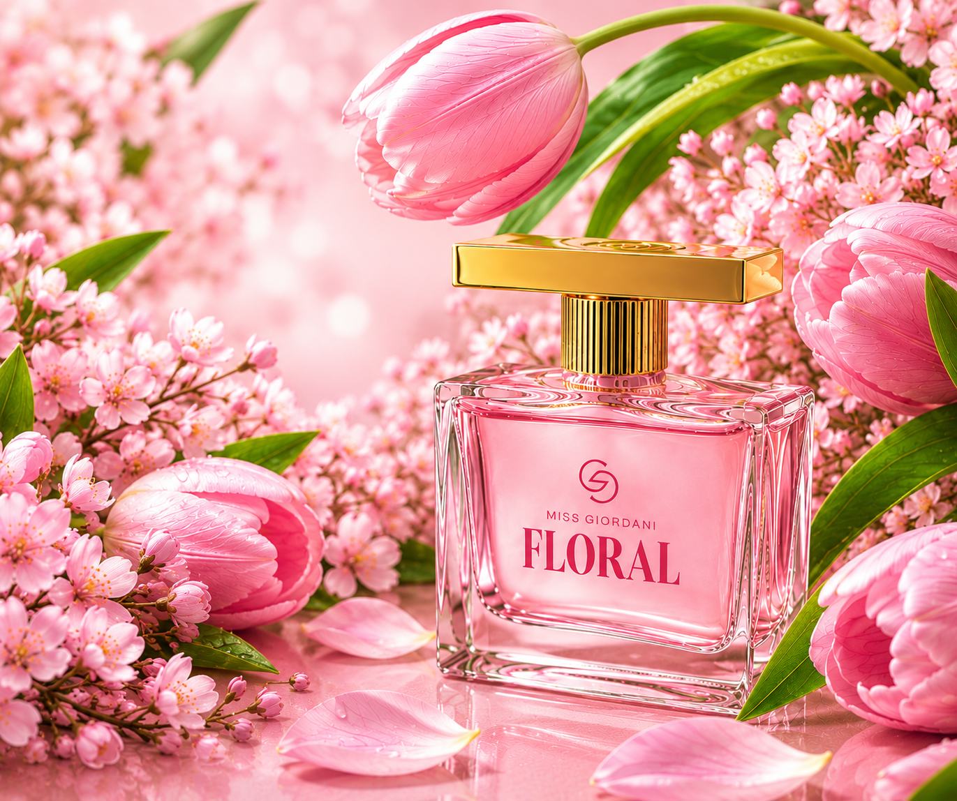 a bottle of perfume next to pink flowers