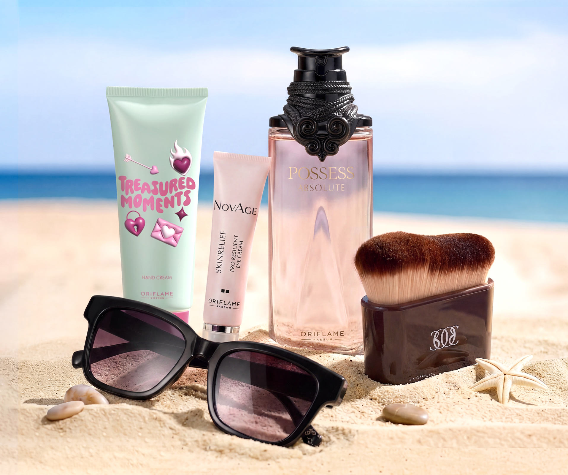 a group of cosmetics on a beach