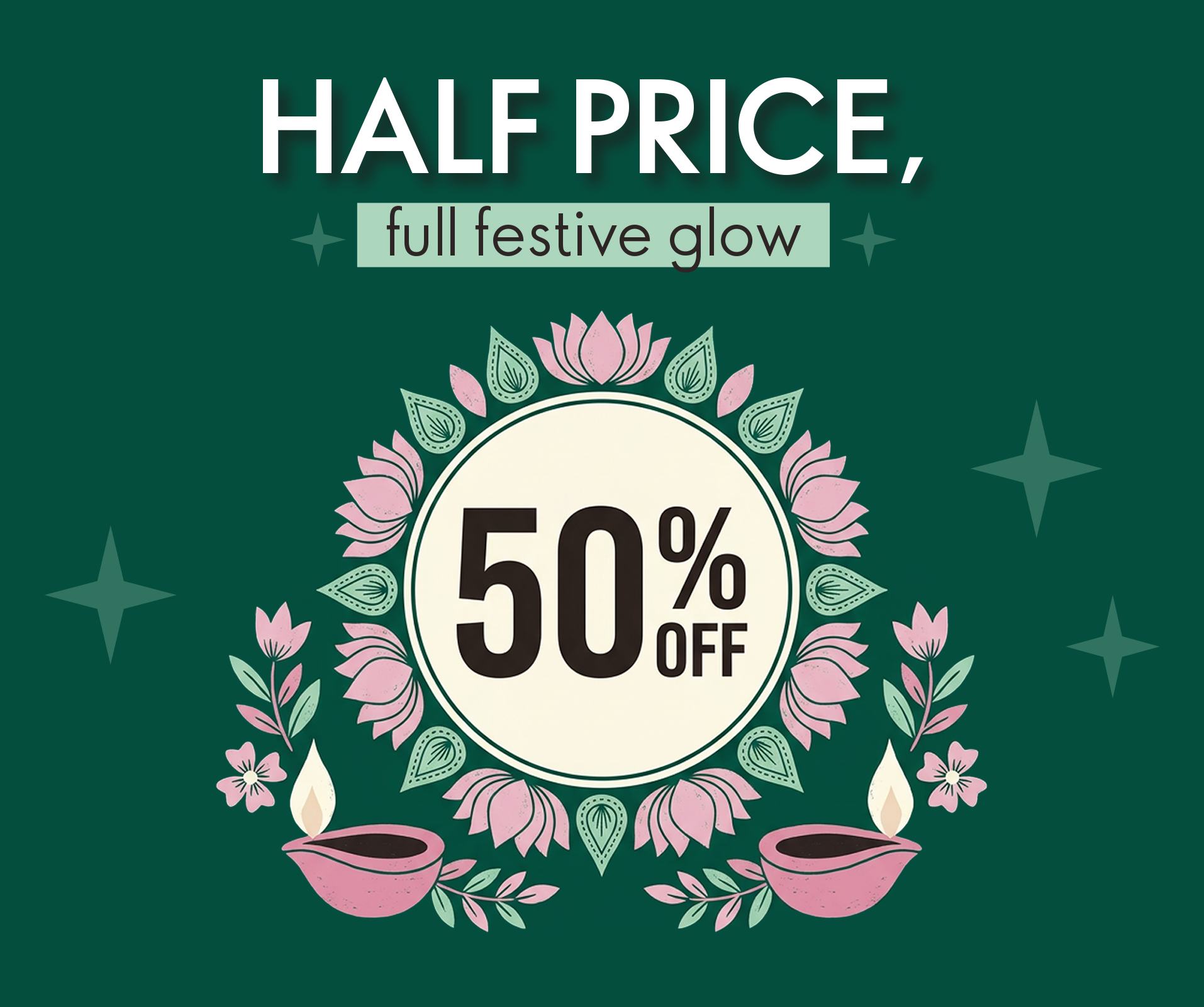a green and white advertisement with flowers and candles