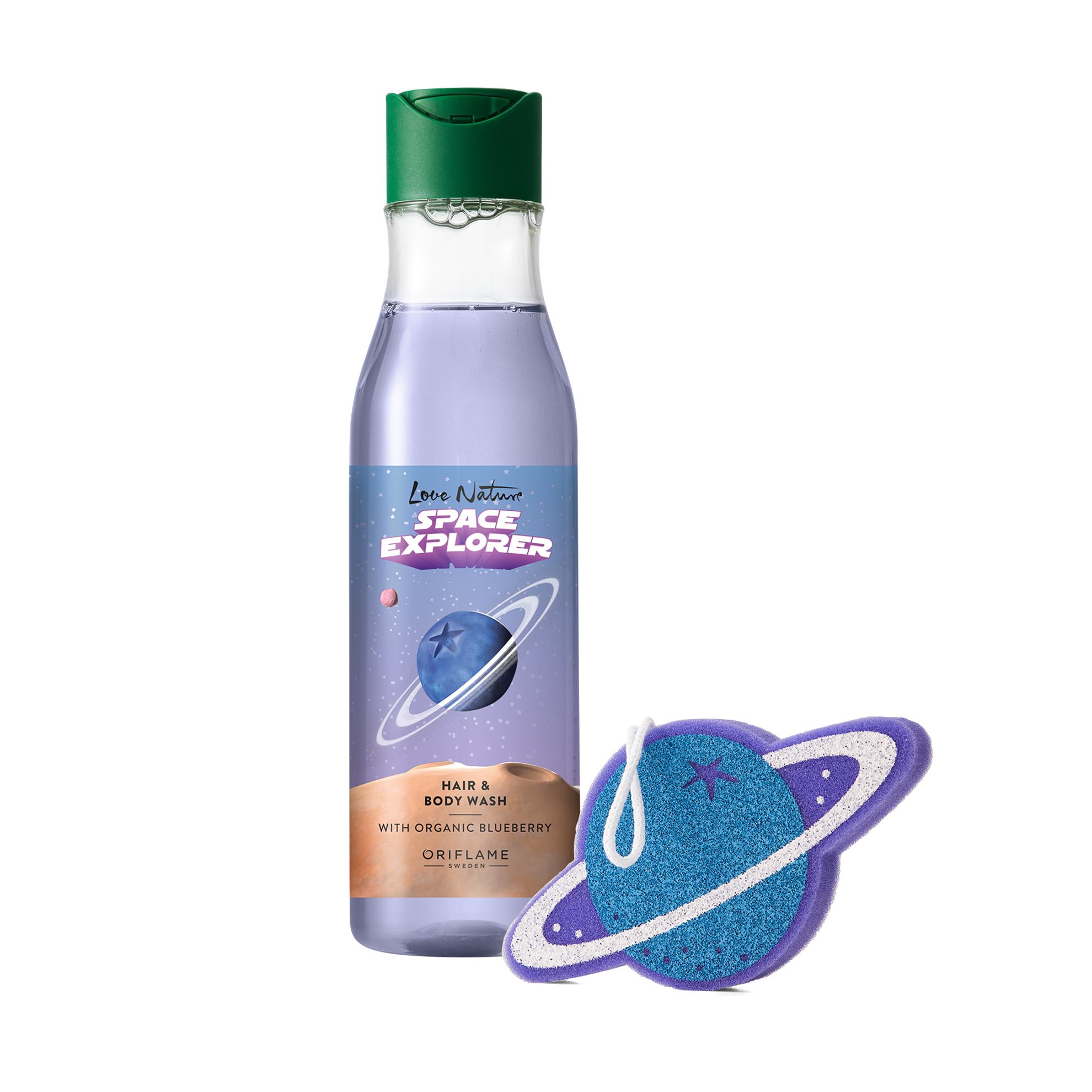 en flaske shampoo og en svamp