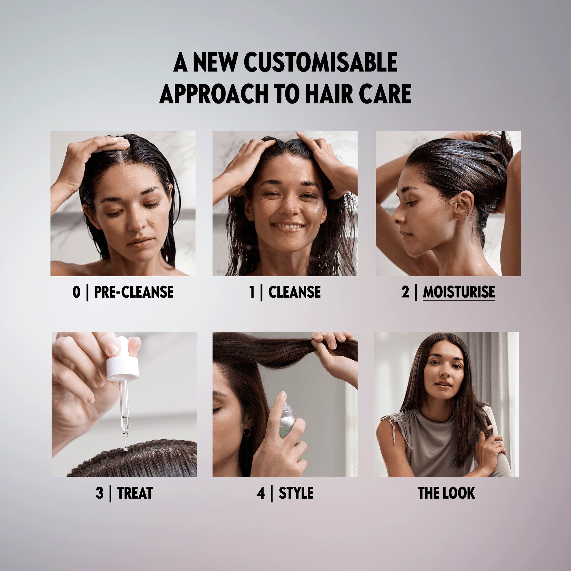 Collage de una mujer aplicándose un producto para el cuidado del cabello.