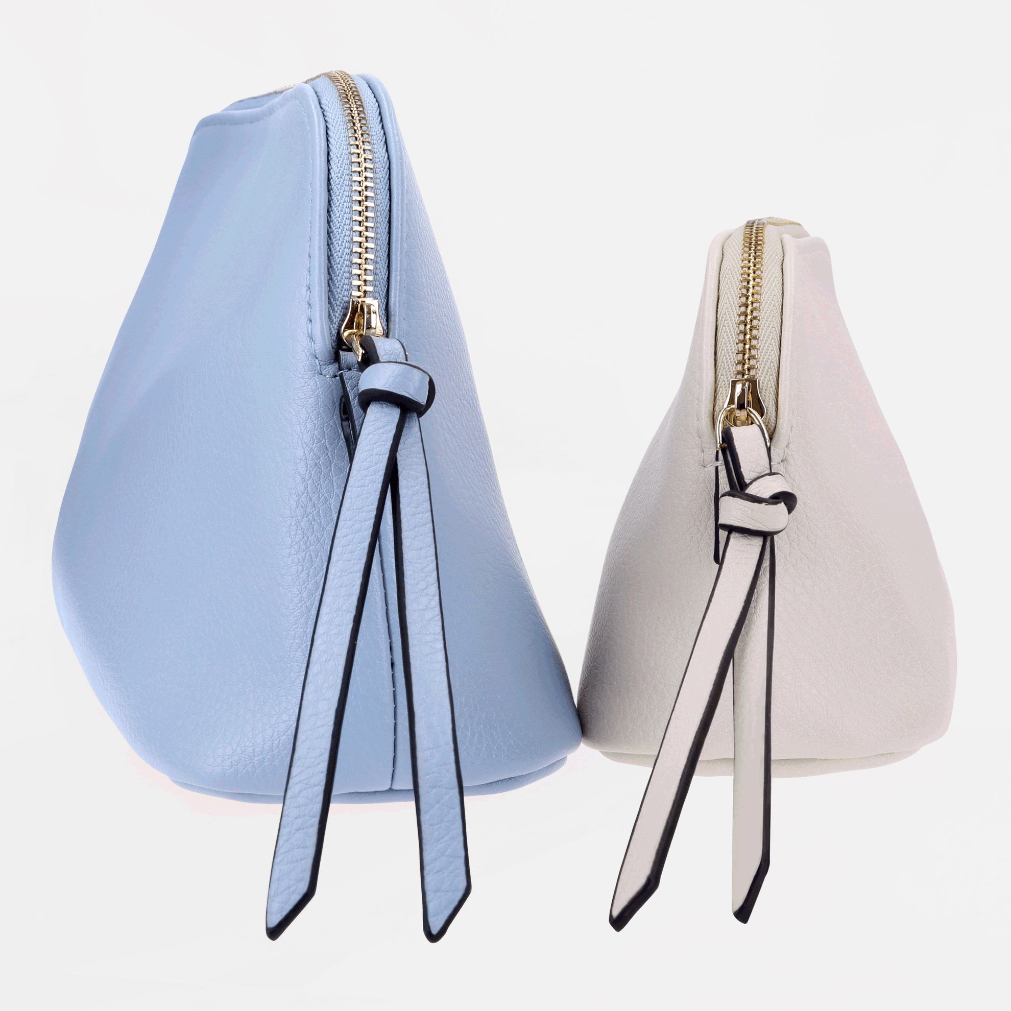 a pair of blue and white purses