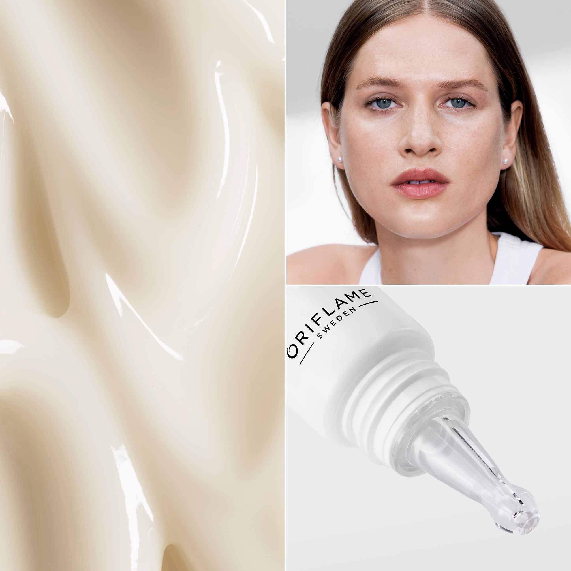 a collage of a woman's face and a dropper