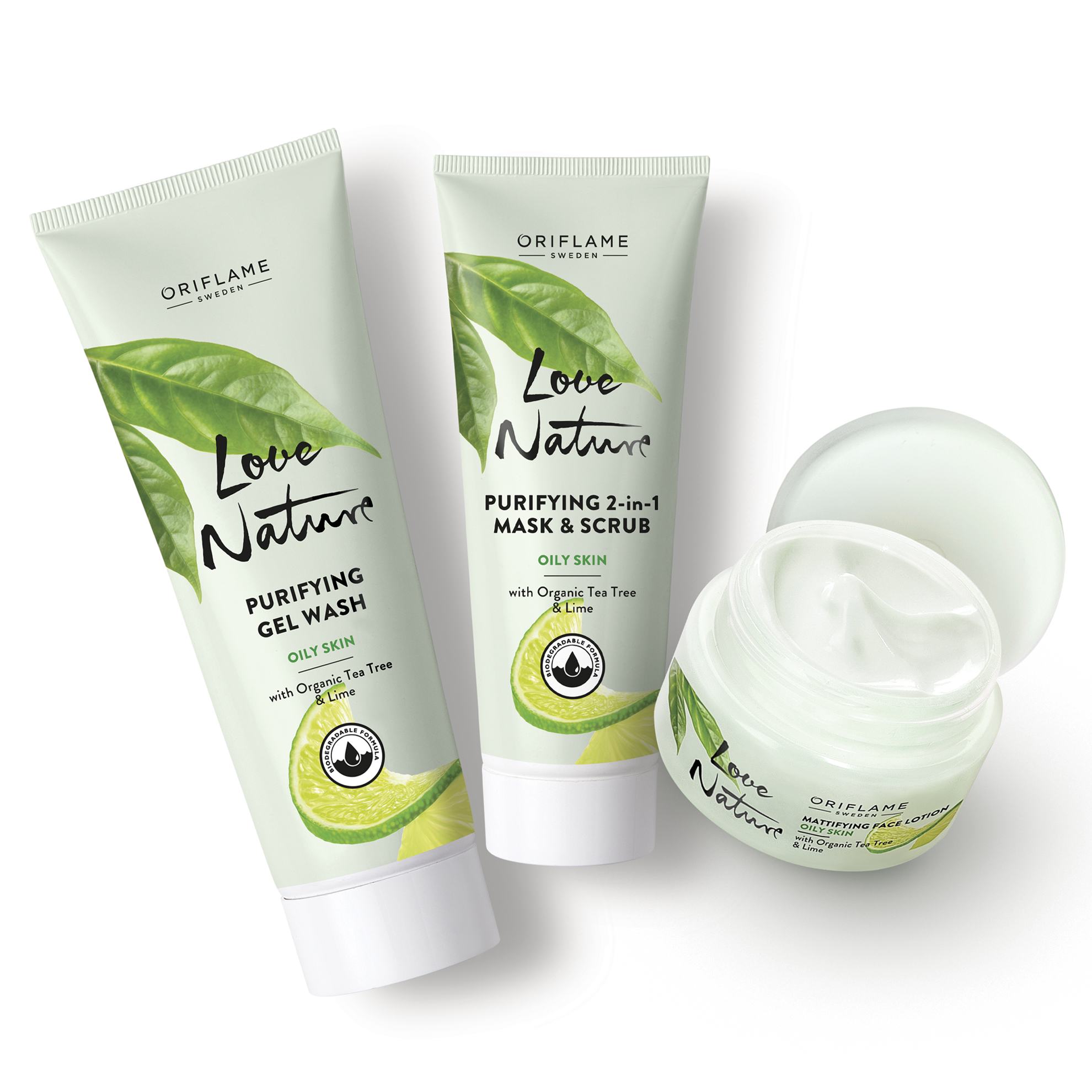 a group of white containers with green text