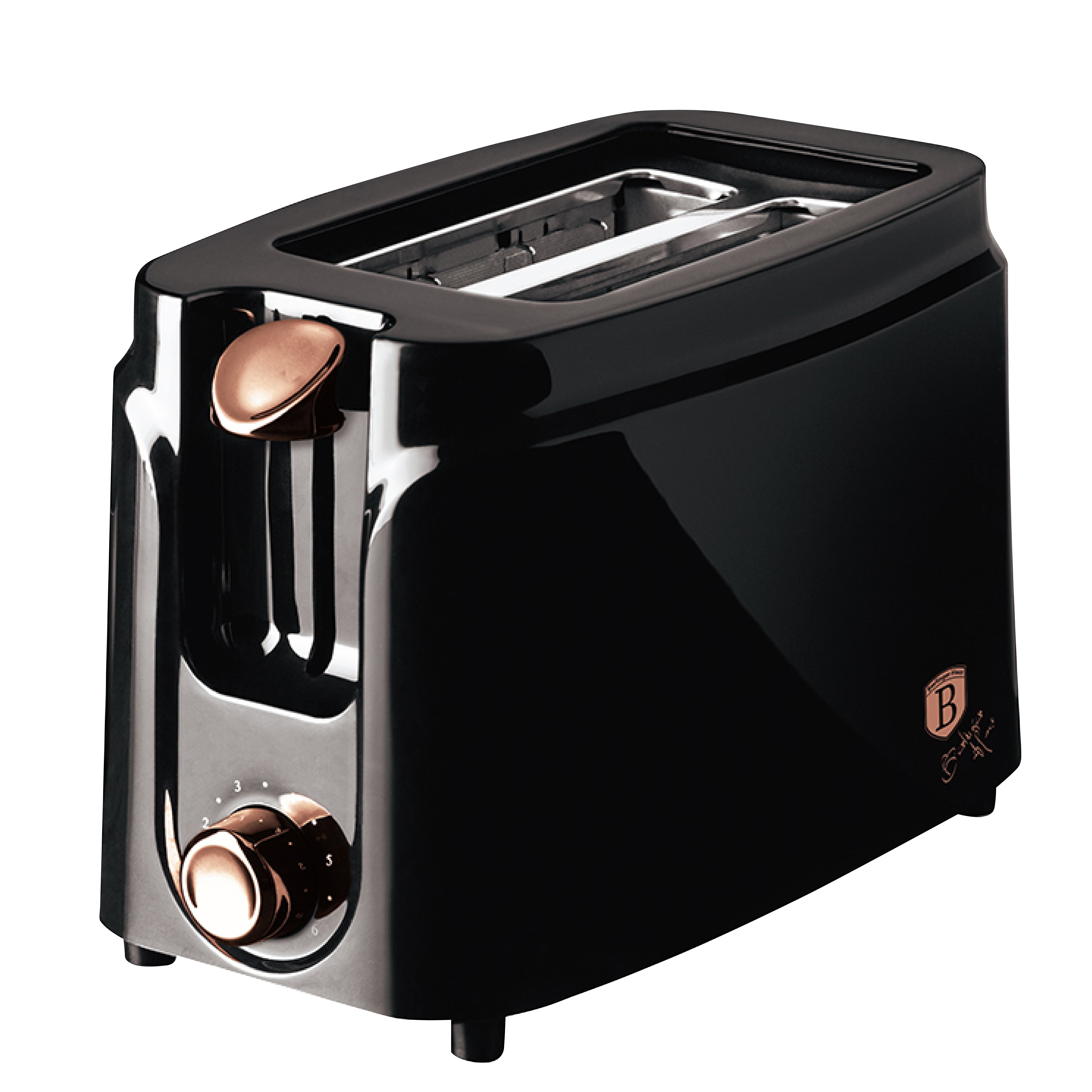 črn toaster z zlatim gumbom