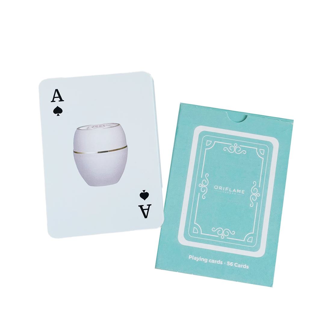 pelikortit, joissa on kuva valkoisesta ruukusta ja sinisestä korttipakasta