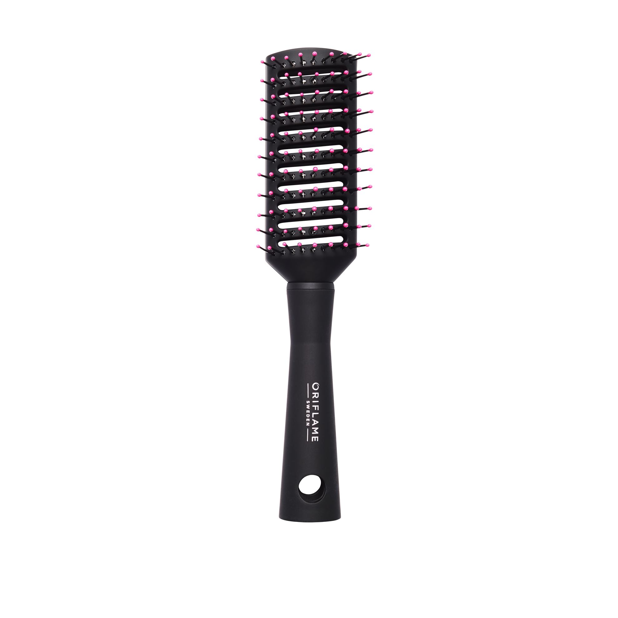 Un cepillo para el cabello negro con cerdas rojas.
