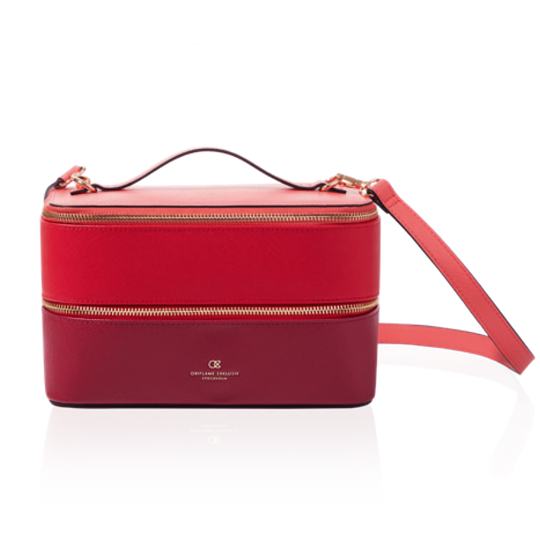 a red and pink handbag