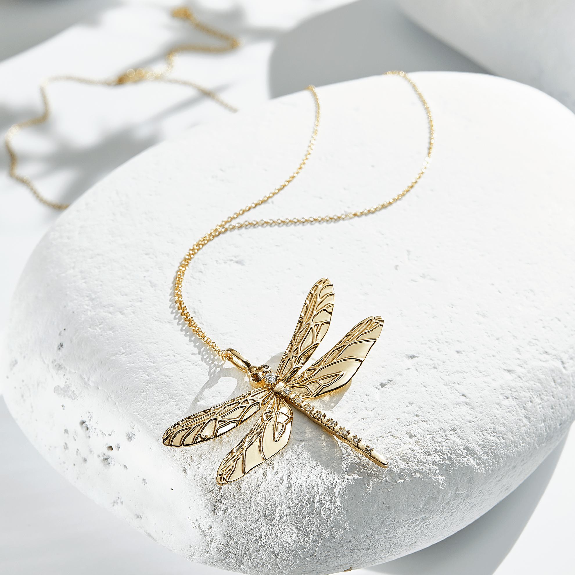 un collar de libélulas de oro sobre una piedra blanca