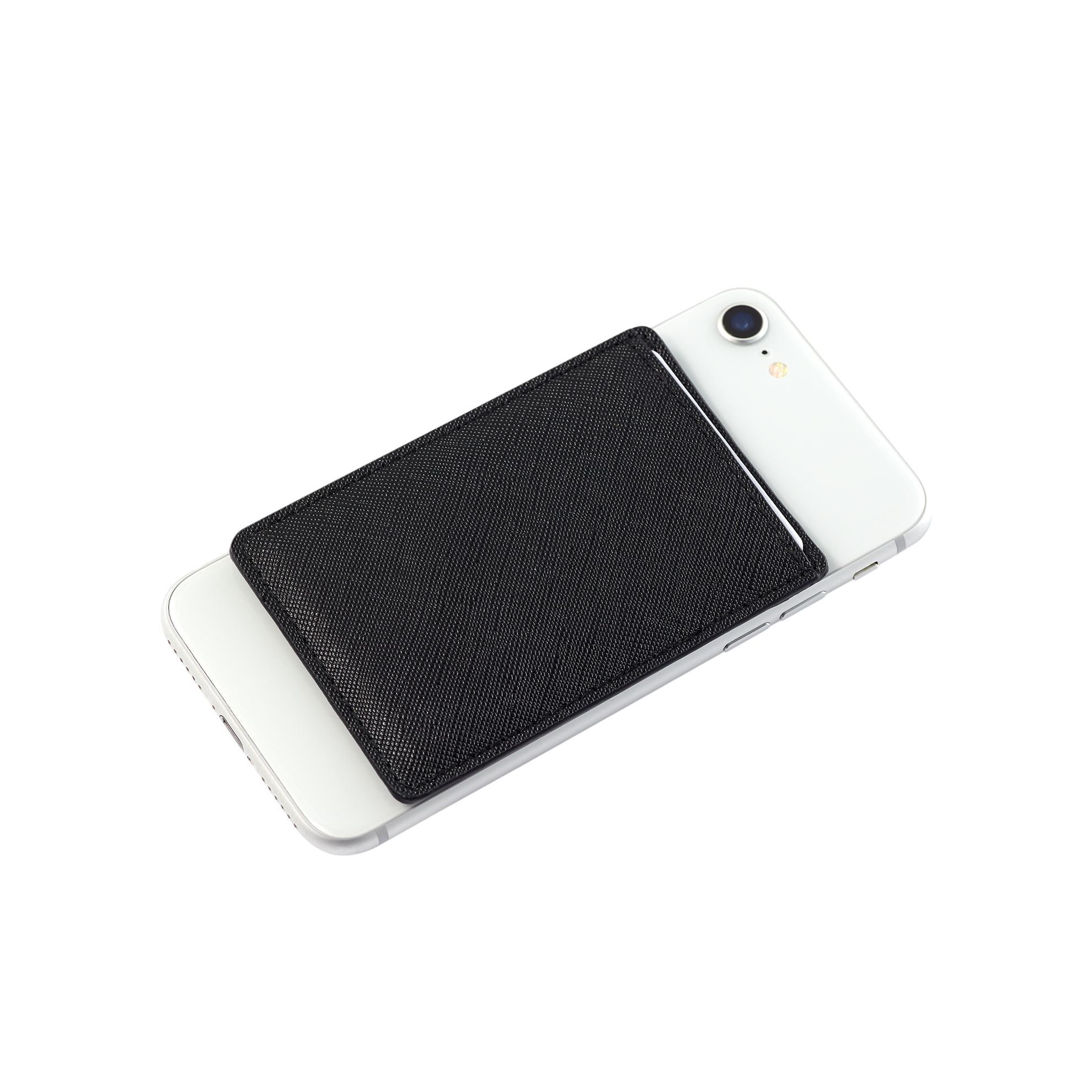бял мобилен телефон с черен кожен калъф