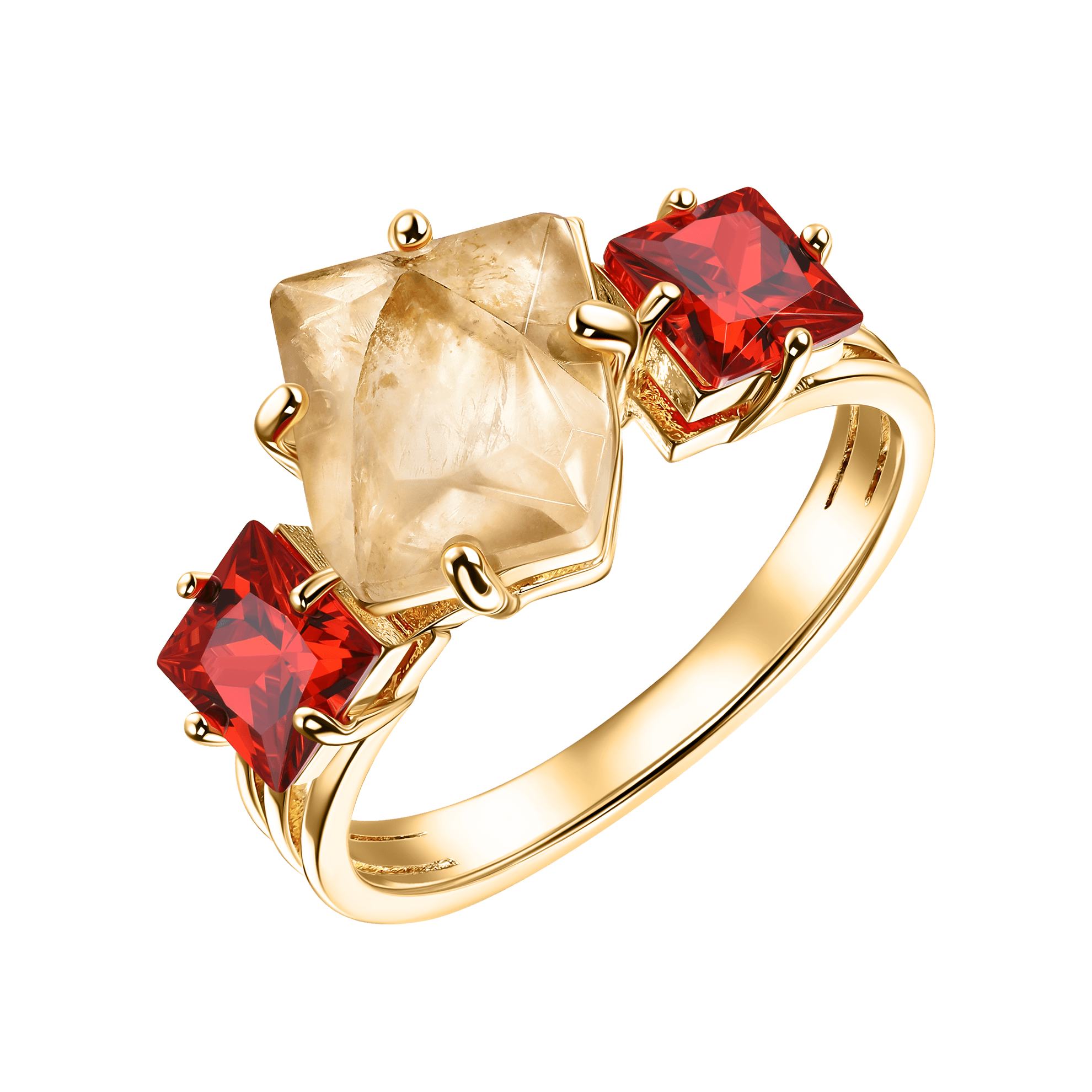 a gold ring with red and white stones