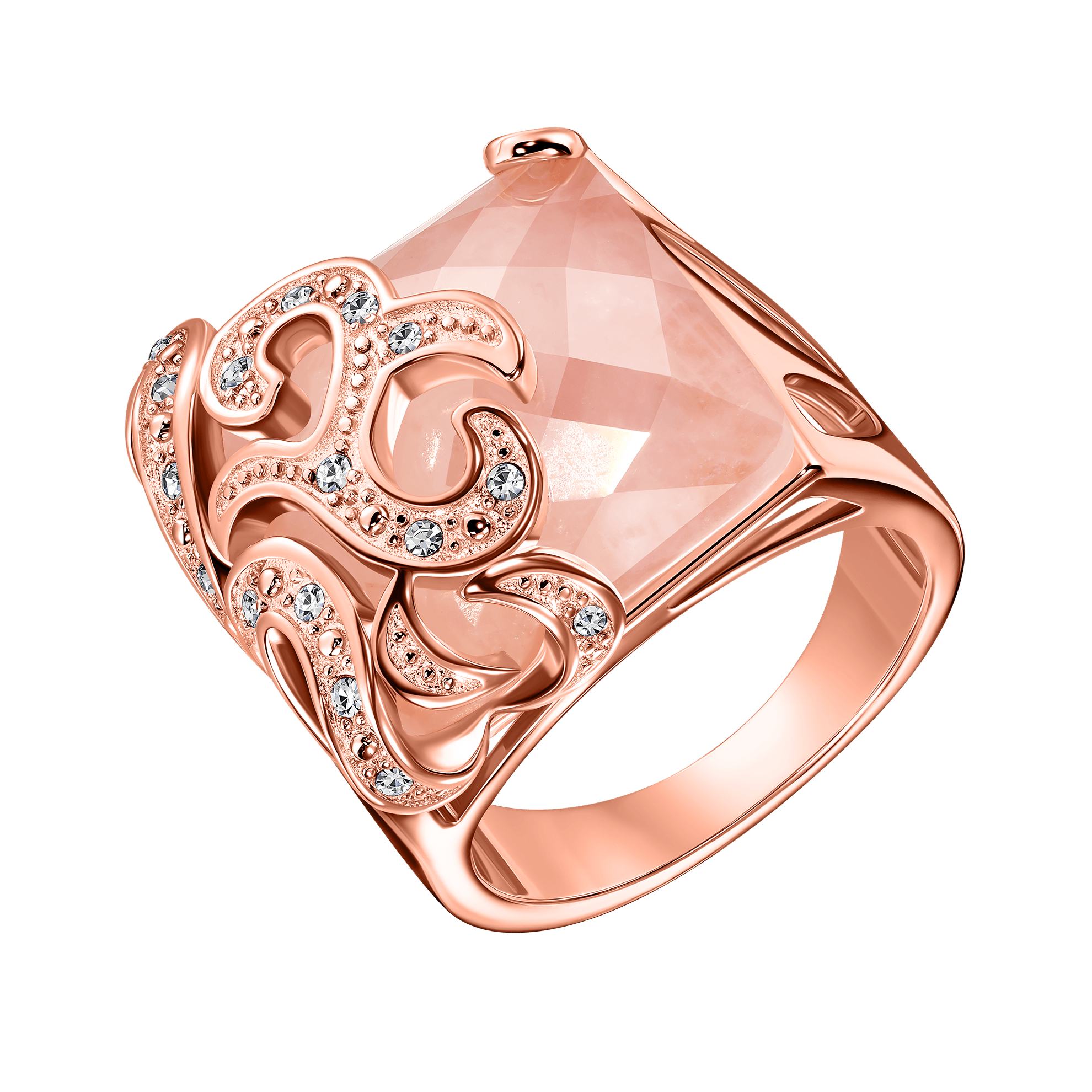 Un anillo rosa con diamantes.