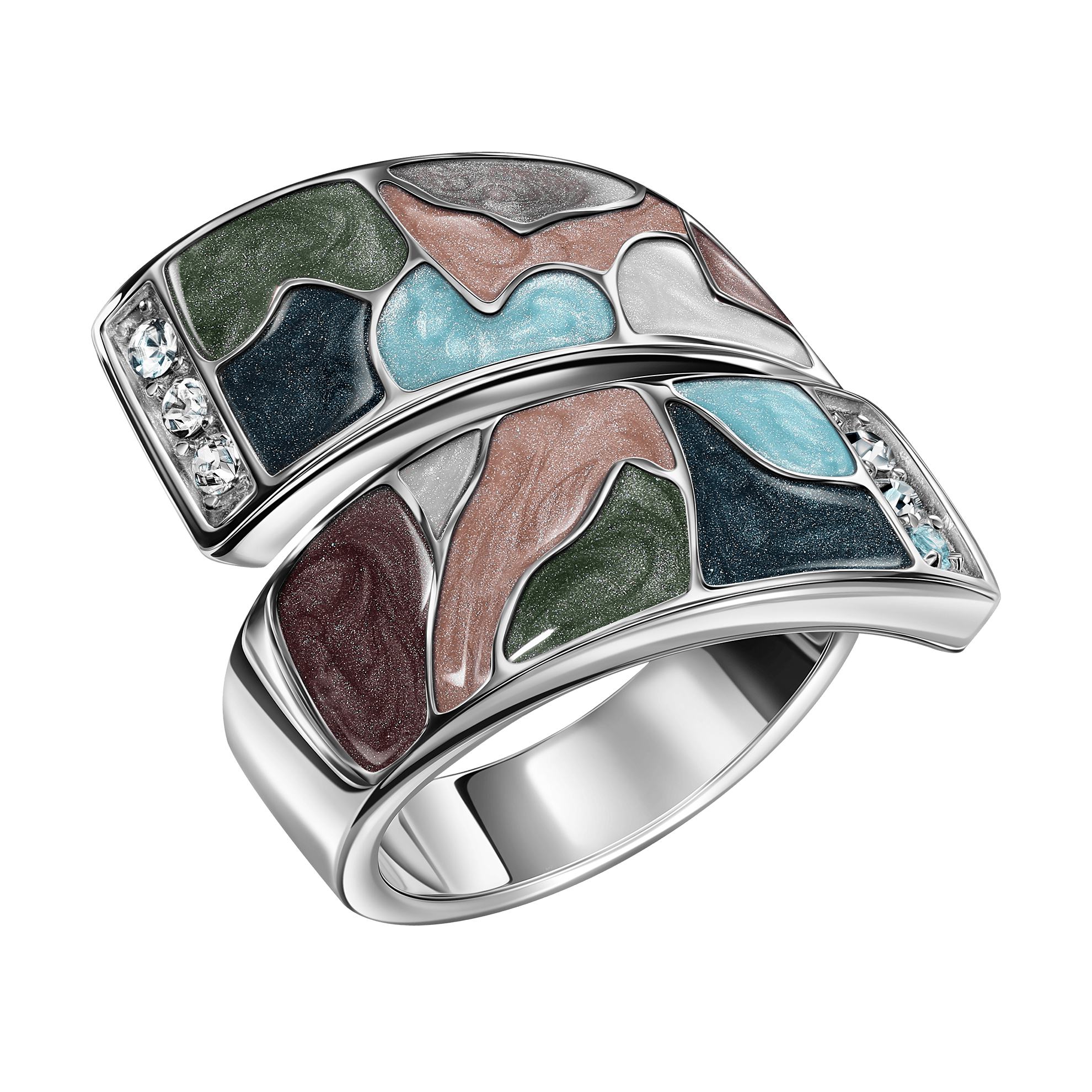 Un anillo de plata con piedras multicolores.