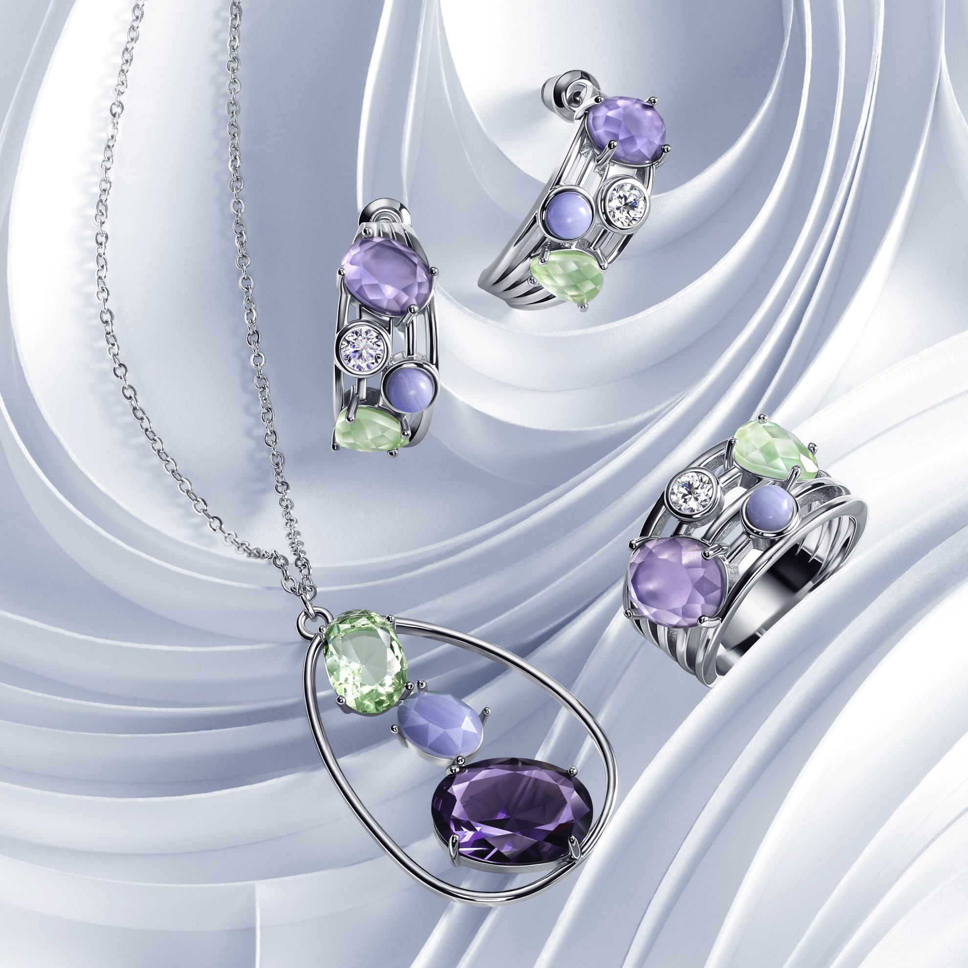 срібний комплект прикрас з фіолетовими та зеленими дорогоцінними каменями