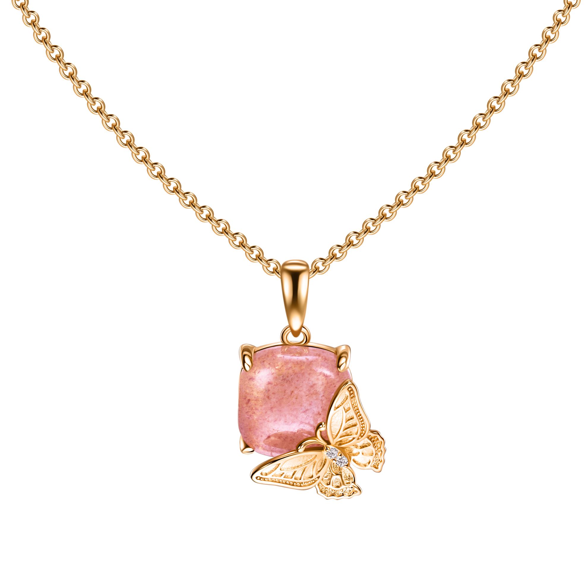 a gold chain with a pink stone pendant and a butterfly
