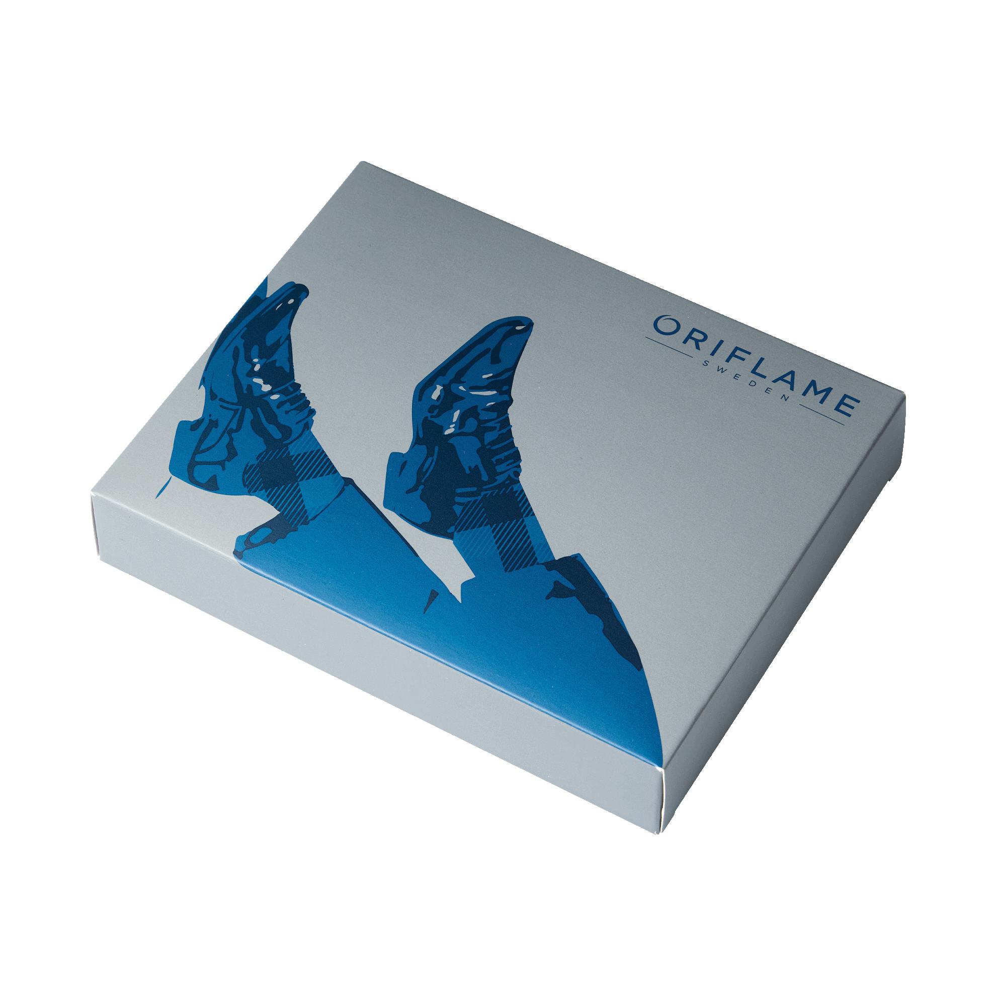 uma caixa branca com design azul e preto