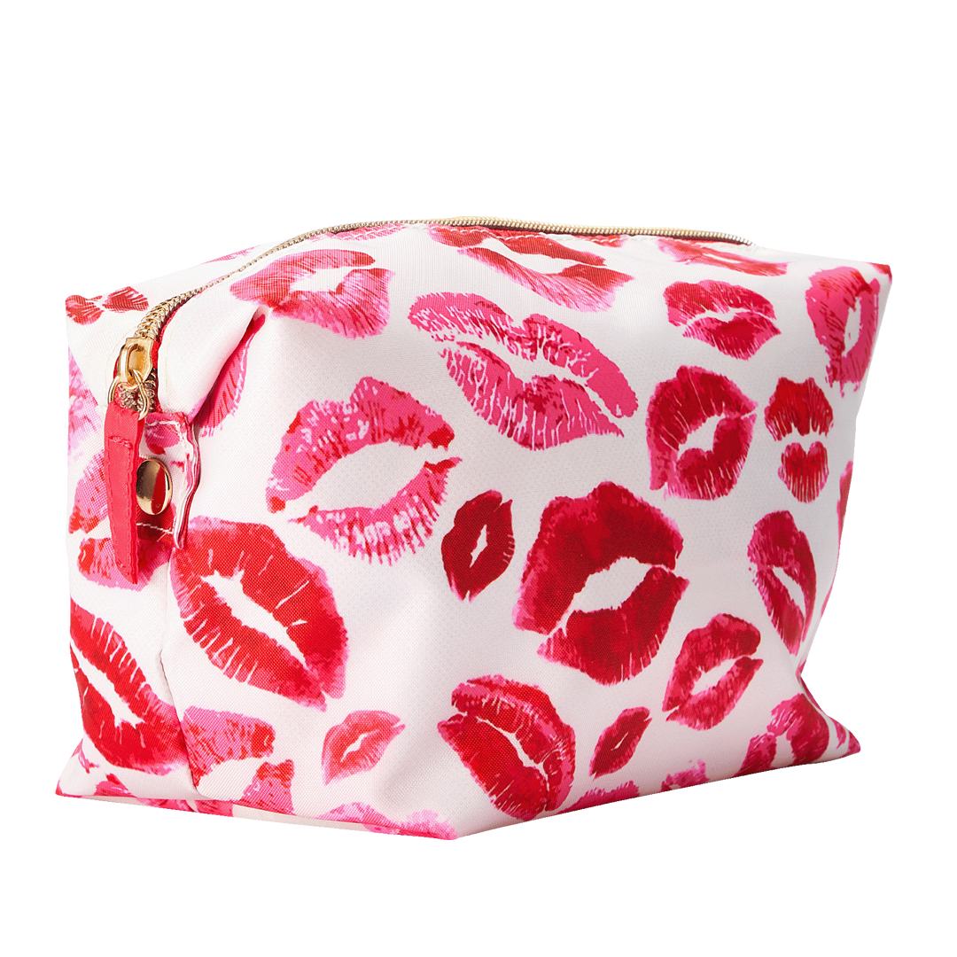 uma bolsa de maquilhagem branca e rosa com estampas de batom vermelho