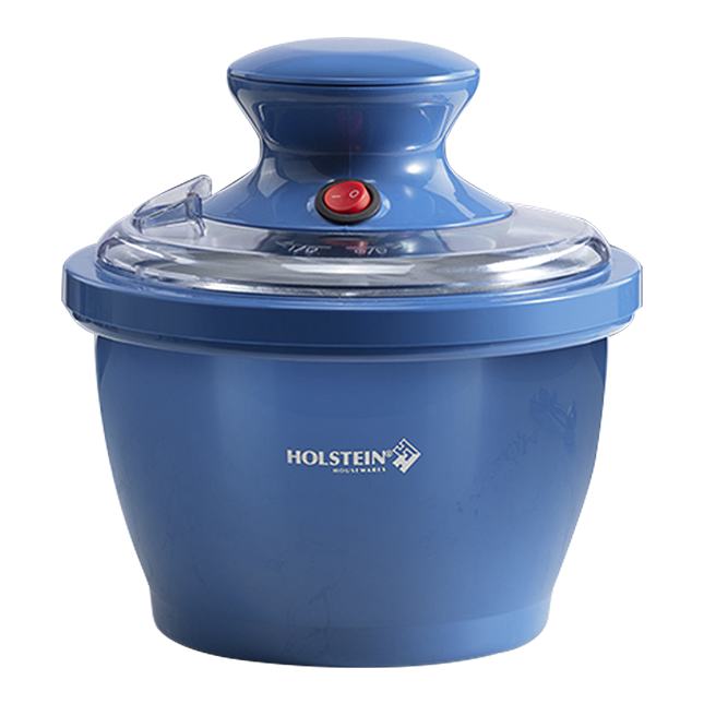 un recipiente de plástico azul con un botón rojo