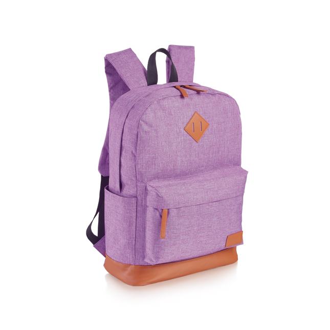 una mochila morada con correas marrones