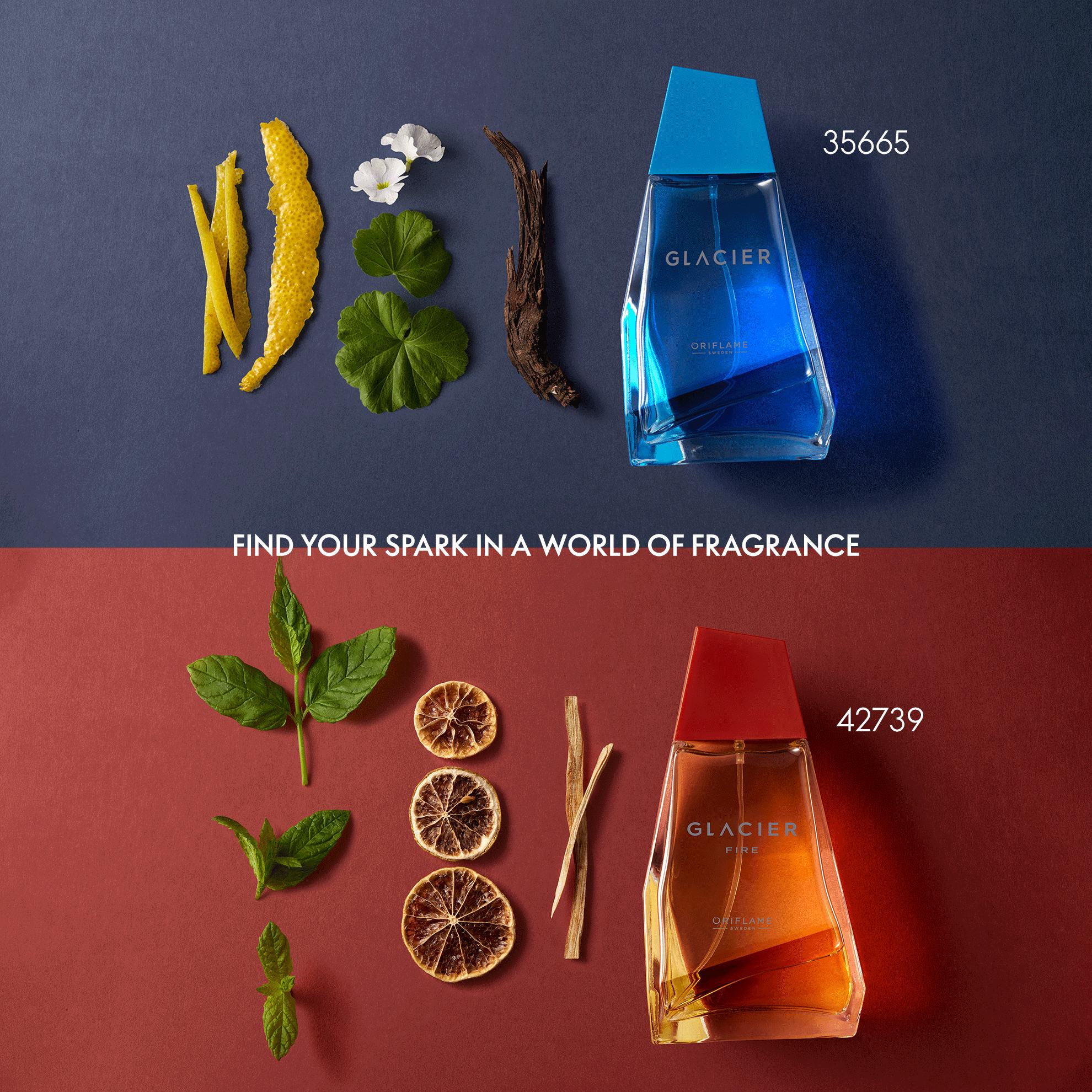 a bottle of perfume with different colors and leaves