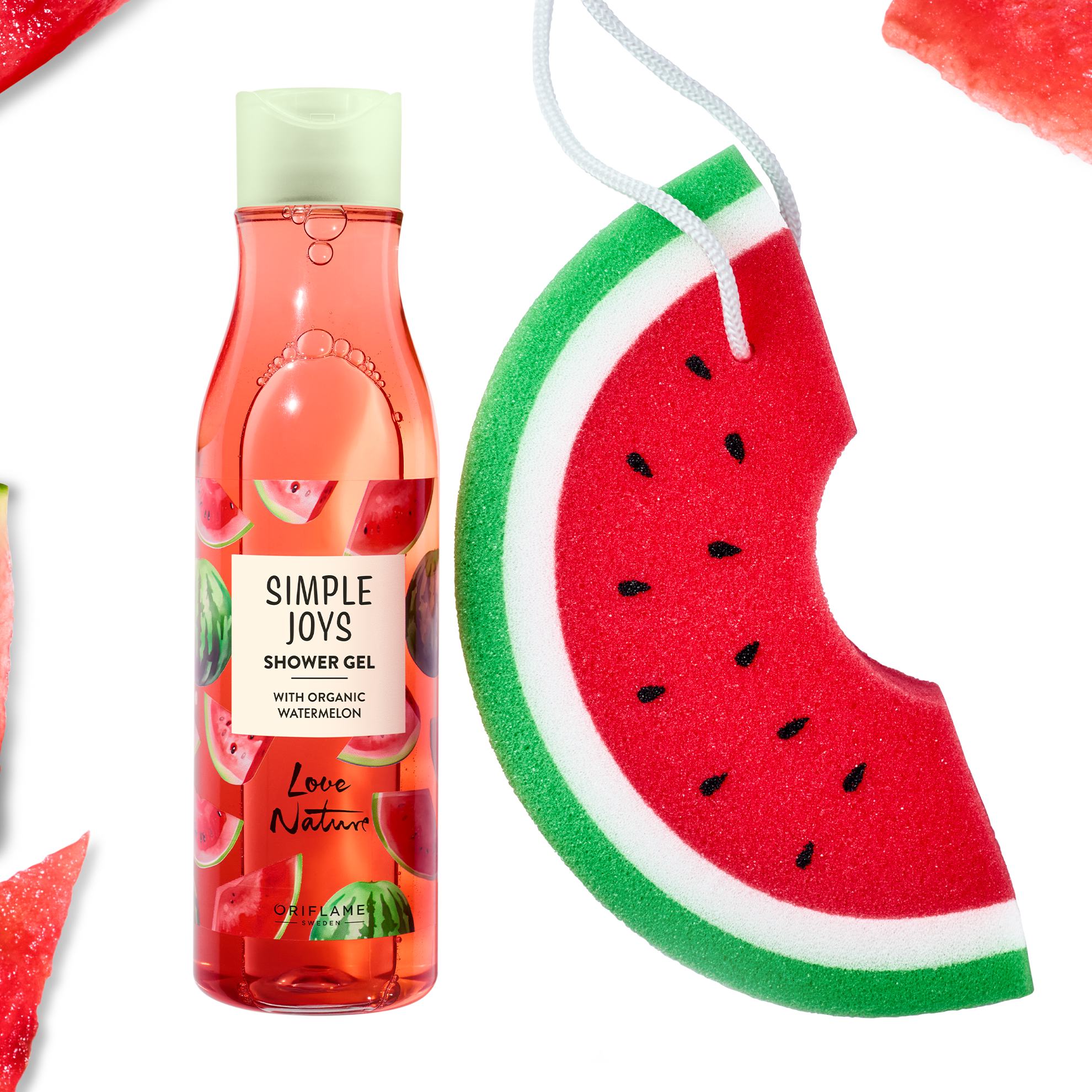 dušo gelio buteliukas šalia arbūzo gabalėlio