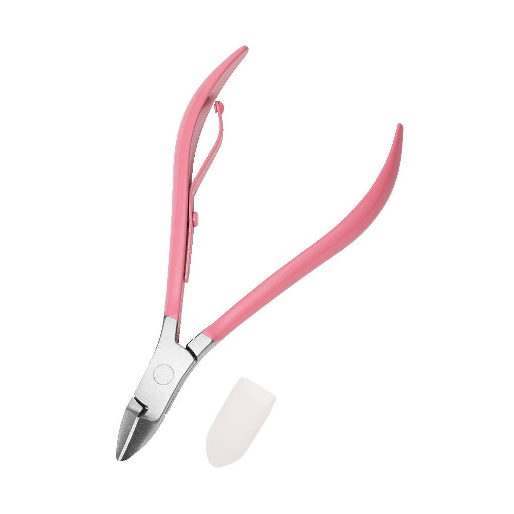 een roze nagelknipper en een wit rubberen