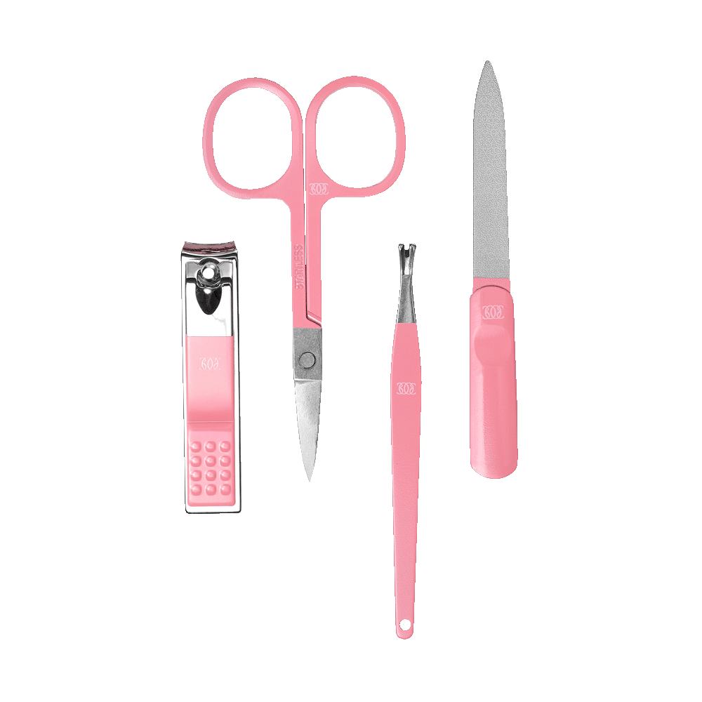 een set roze manicuregereedschap