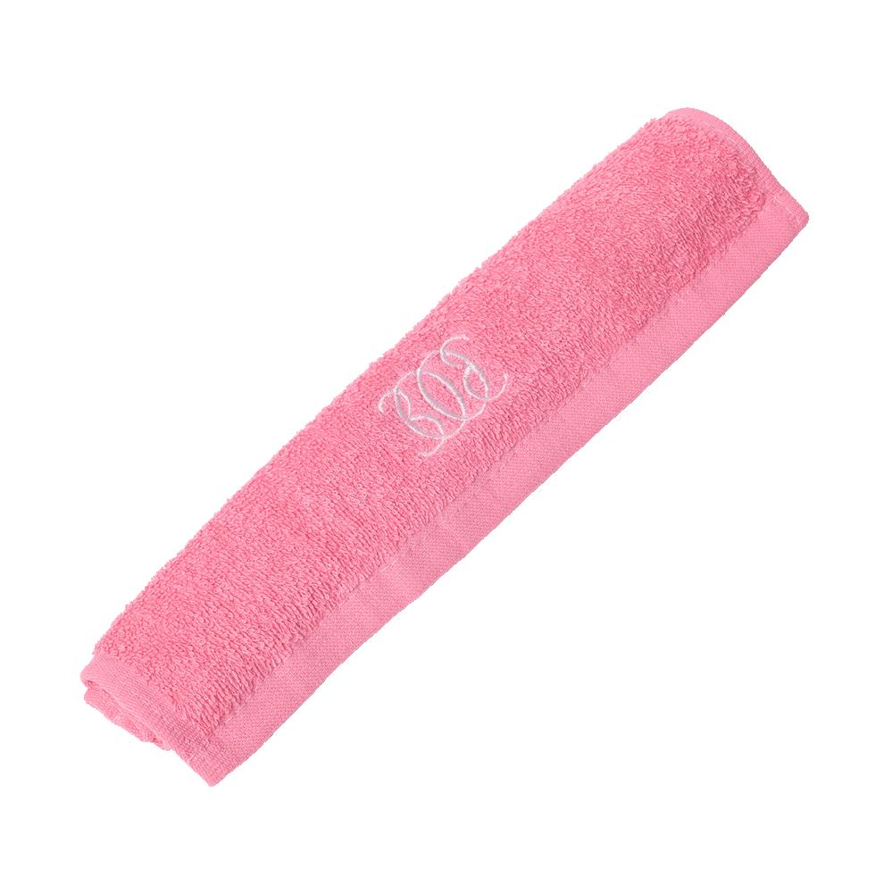 ვარდისფერი პირსახოცი თეთრი ლოგოთი