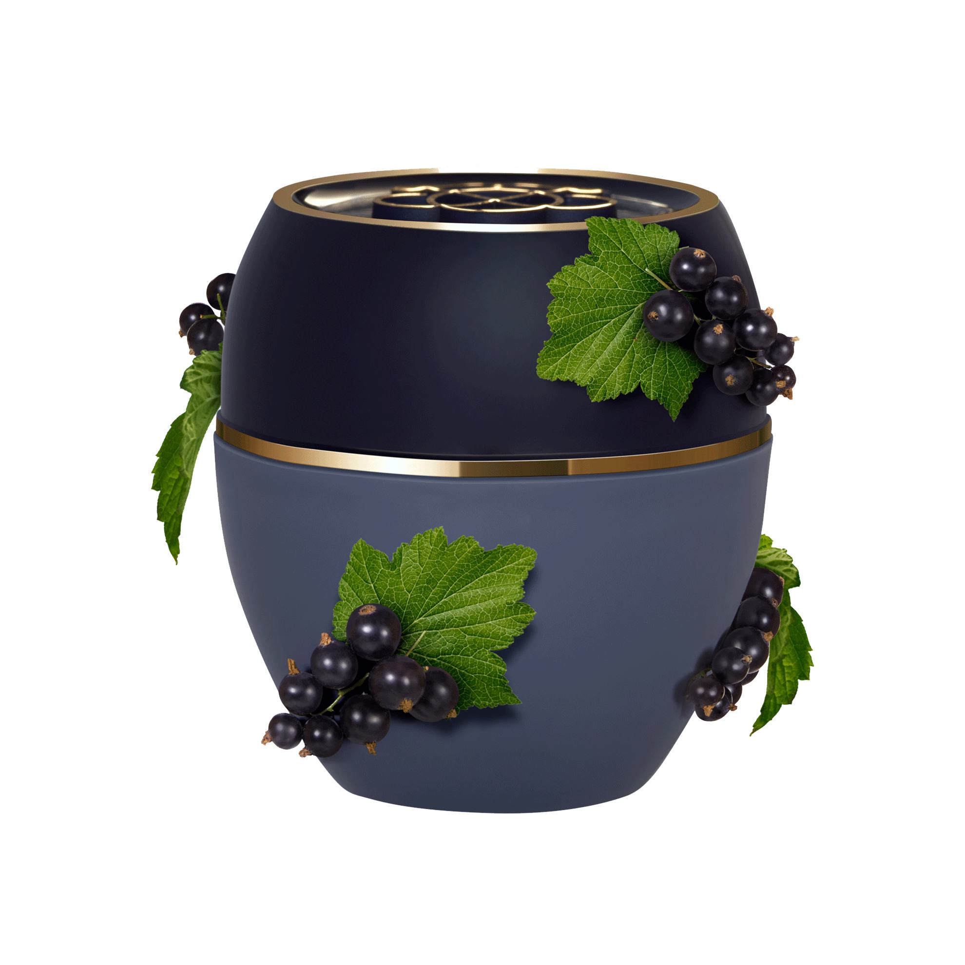 un recipient albastru cu fructe de pădure negre și frunze