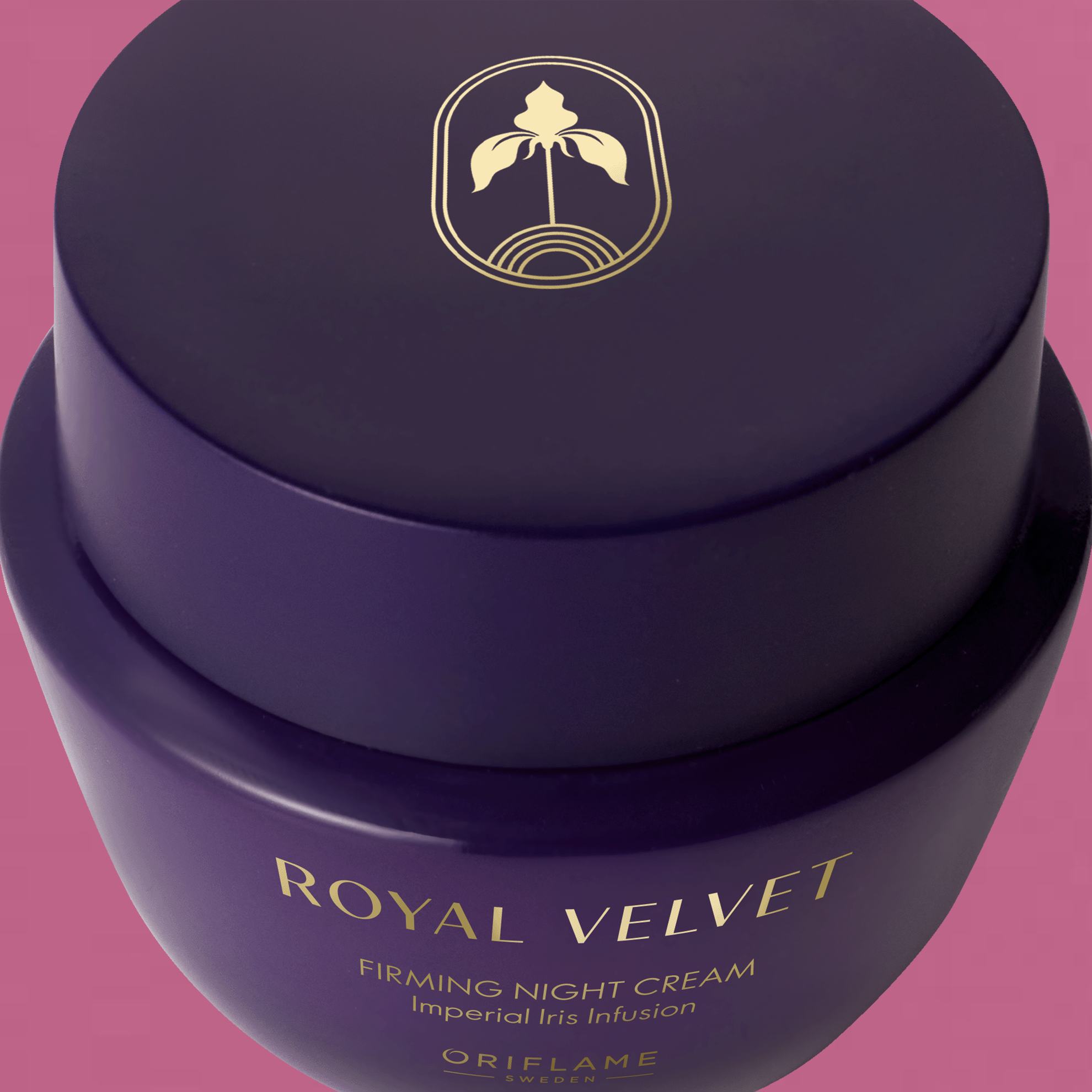 un recipient violet cu un logo auriu