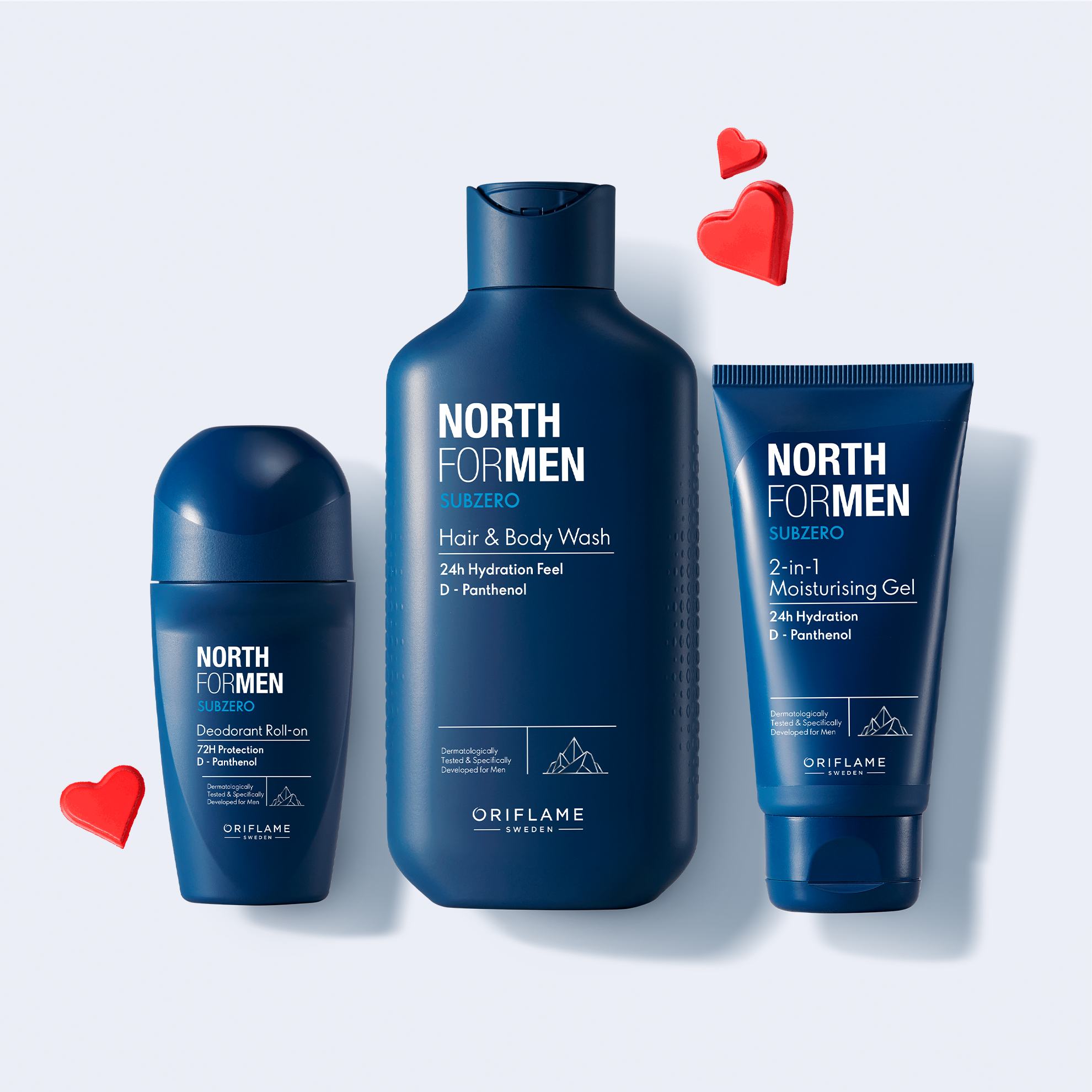 группа синих бутылок с белым текстом и красными сердцами