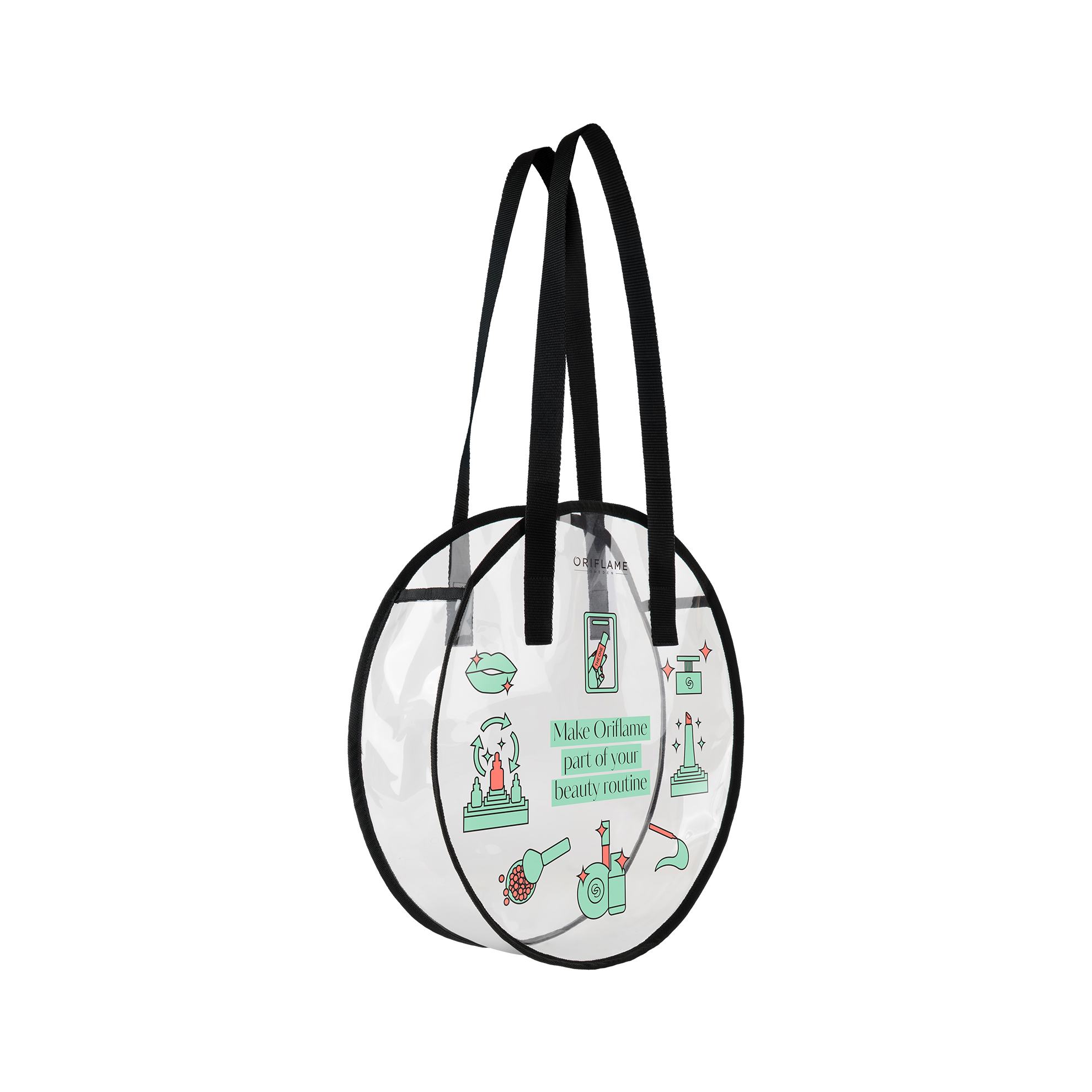 Tas lingkaran transparan dengan pegangan hitam
