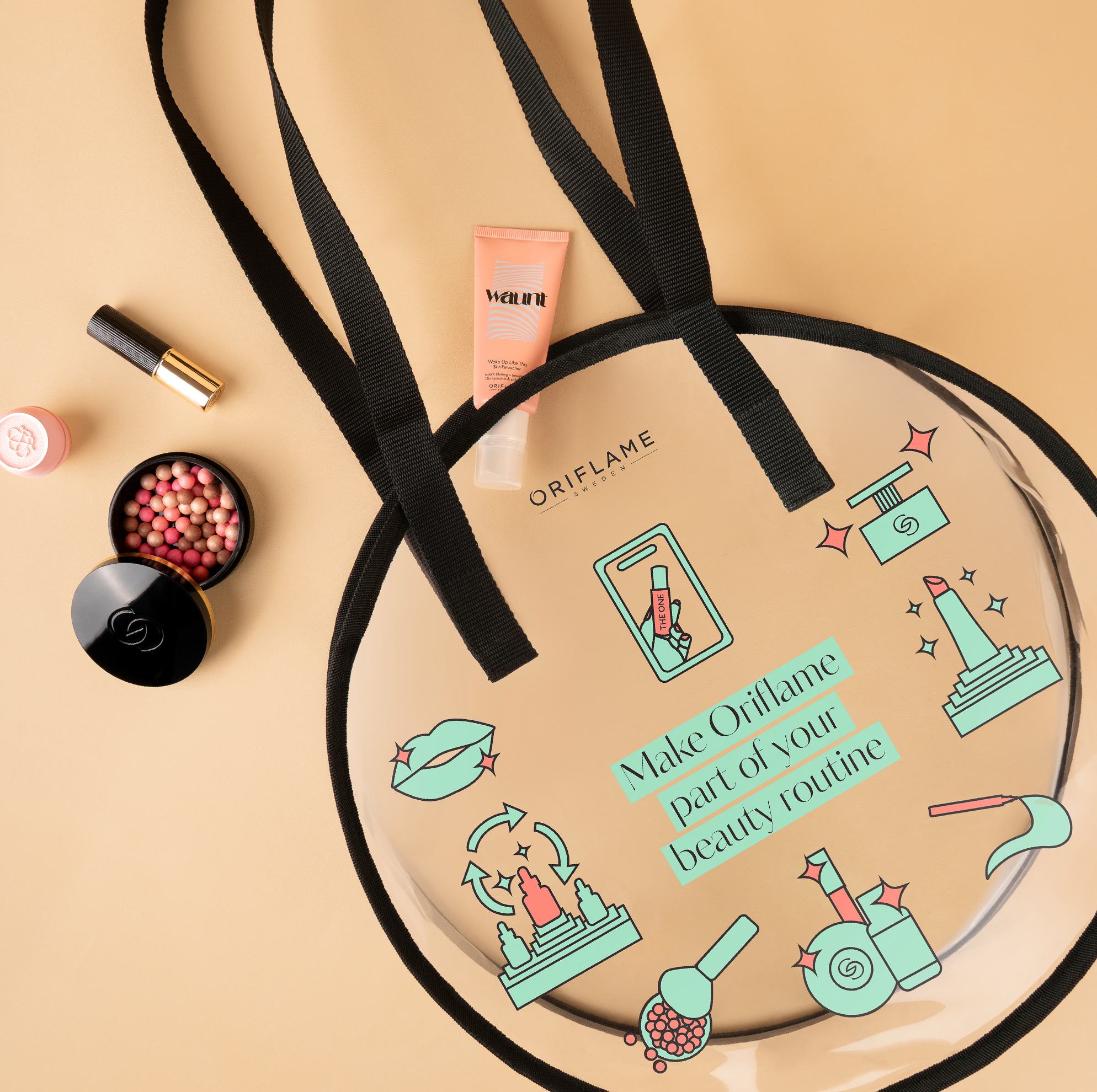 Tas transparan dengan tali hitam dan botol-botol kecil makeup