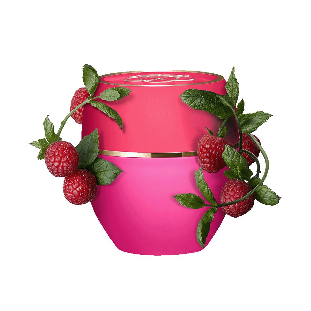 o vază roz cu zmeură și frunze