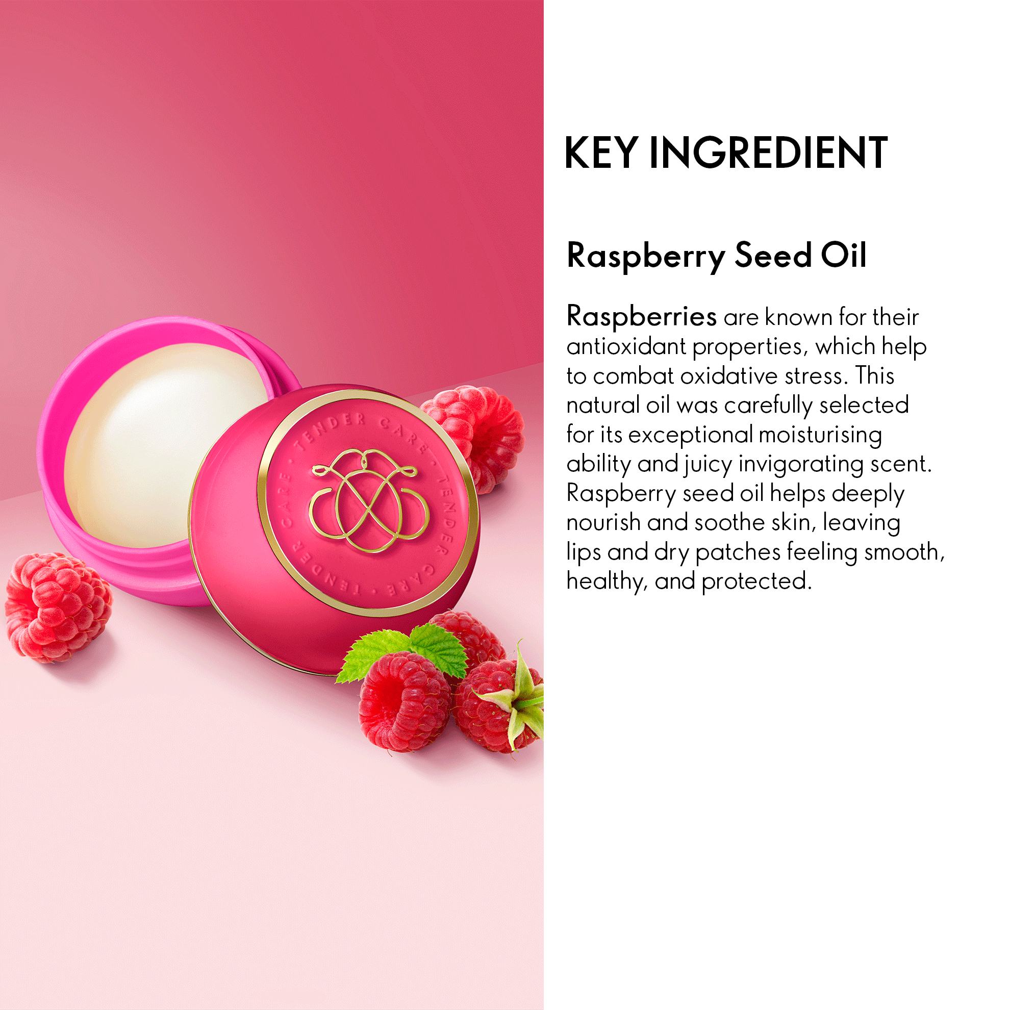 a pink container with a lid open with raspberries and text