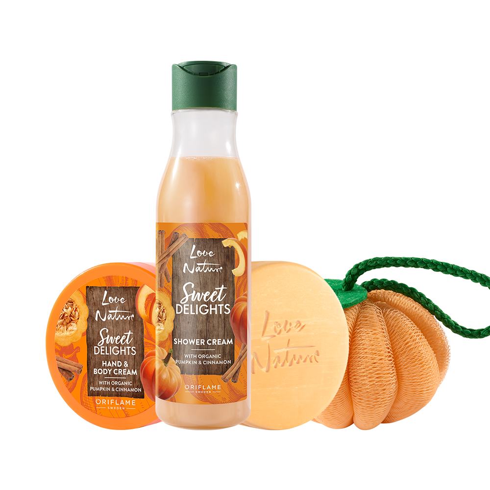 egy flakon tusfürdő és egy kerek, narancssárga szivacs