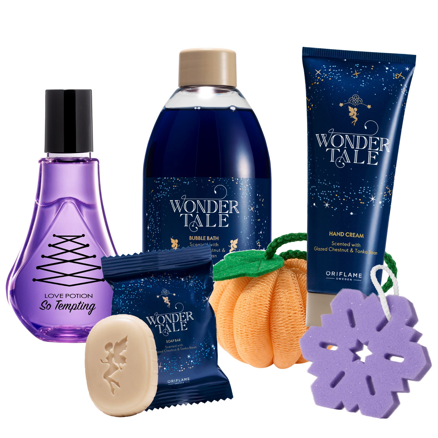 a group of purple bottles and a small pumpkin