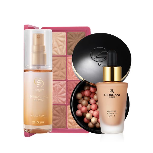 un set de maquillaje con un envase de colorete y frascos