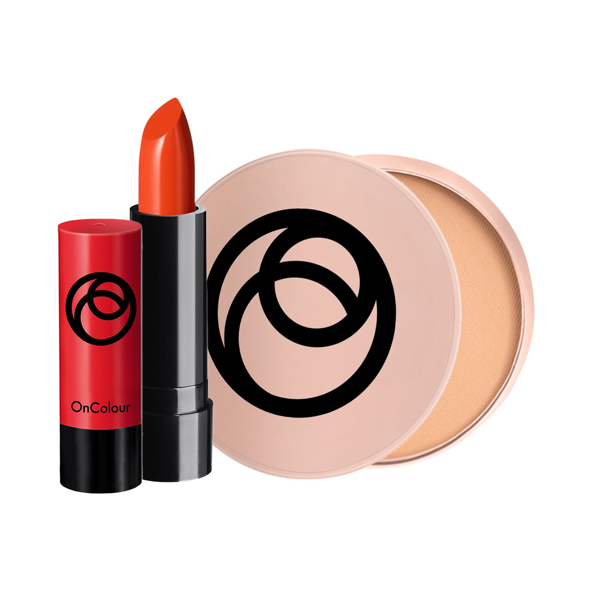 sebuah lipstik dan bedak dengan logo di atasnya