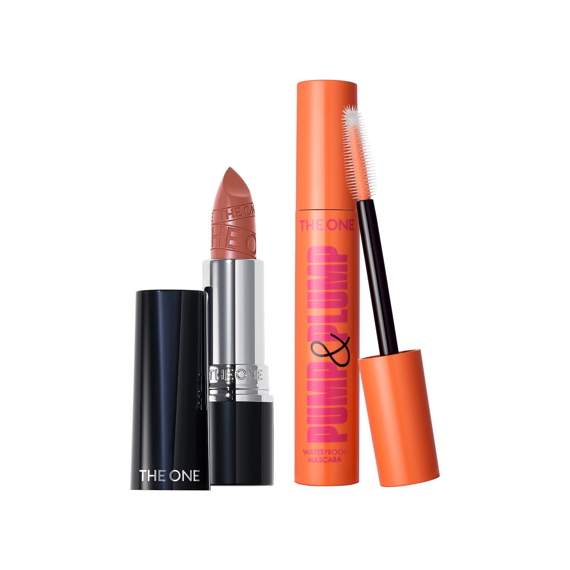 sebuah lipstik dan maskara dengan latar belakang putih