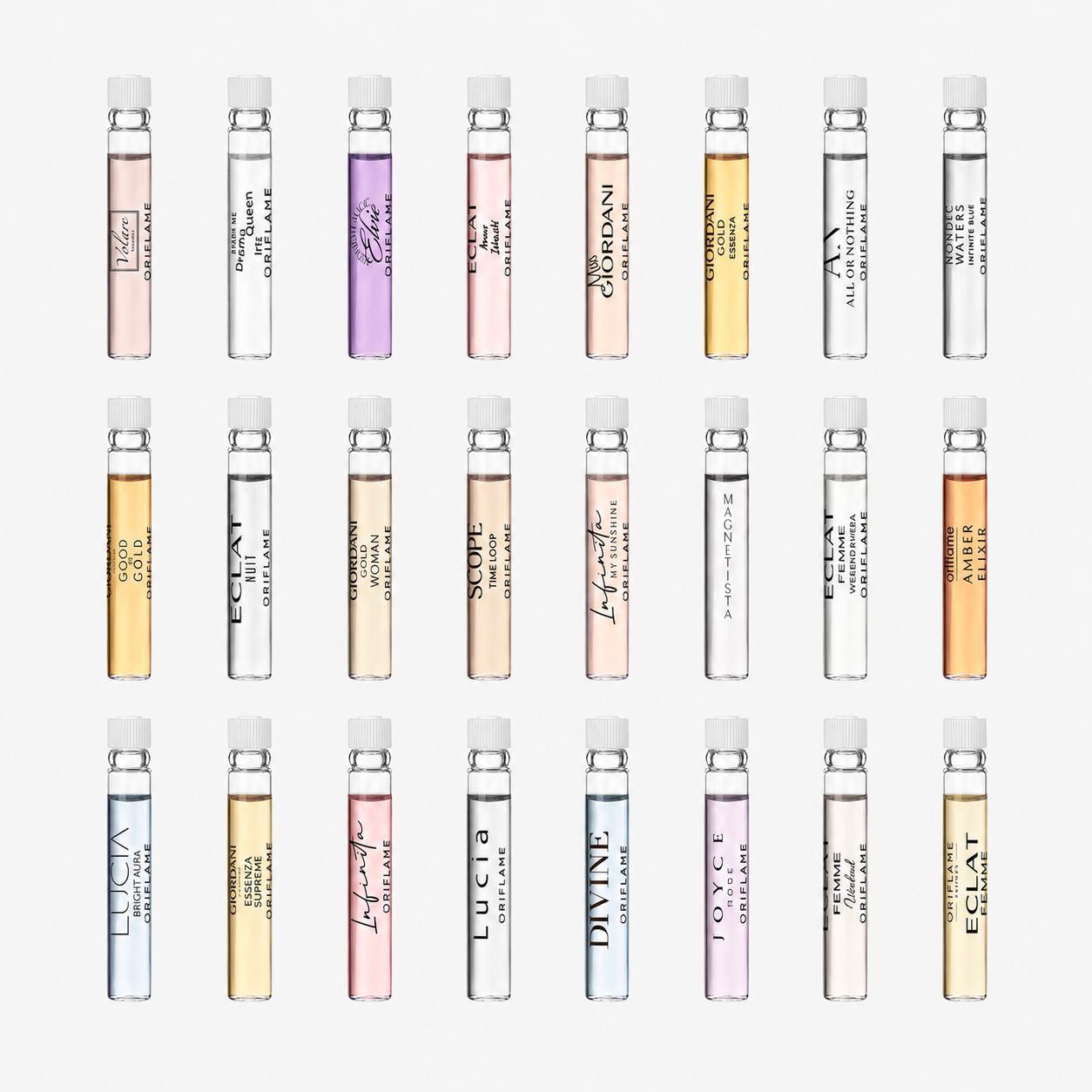 a group of vials of different colored liquid