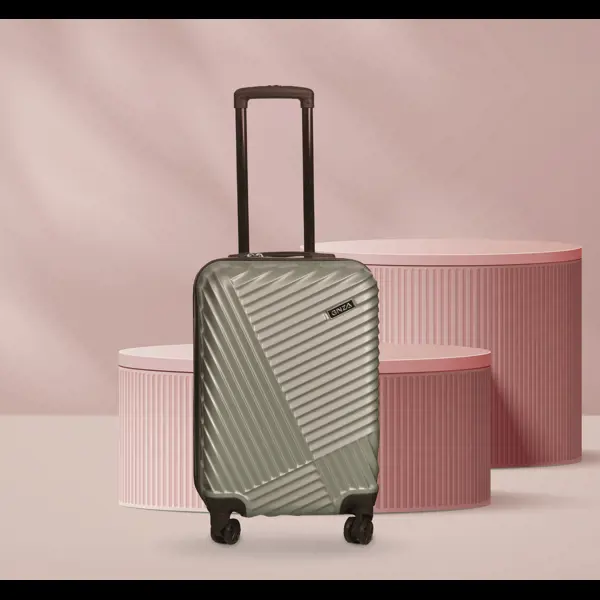 tekerlekli bir valiz ve pembe bir silindir