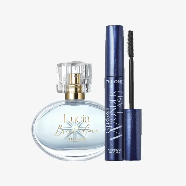 fľaša parfumu a riasenka