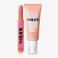 um tubo cor-de-rosa de maquilhagem e um tubo cor-de-rosa de bálsamo labial