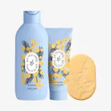 um frasco azul e um tubo de creme