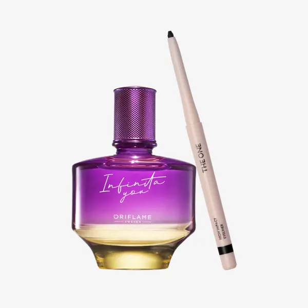 un frasco de perfume y un delineador de ojos