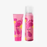um frasco de creme rosa e amarelo